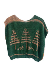 Load image into Gallery viewer, Green knitted vest with brown pattern on a hanger against a light blue background
