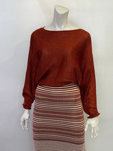 Load image into Gallery viewer, Mannequin wearing a brown and red striped dress on a white surface 

