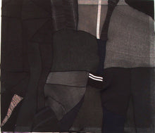 Load image into Gallery viewer, An abstract fabric painting titled 'Darkness Diptych' by Karelle Levy, featuring two stacked rectangular panels of dark black, gray, and charcoal woven textile patterns, shown against a white background with text at the bottom.
