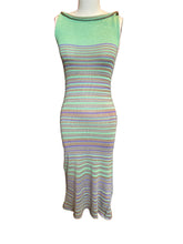 Load image into Gallery viewer, A sleeveless, bodycon knit dress with horizontal pastel stripes in mint green, lavender, and taupe.
