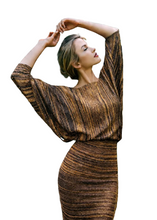Load image into Gallery viewer, Woman in a golden navy Sweater and skirt set
